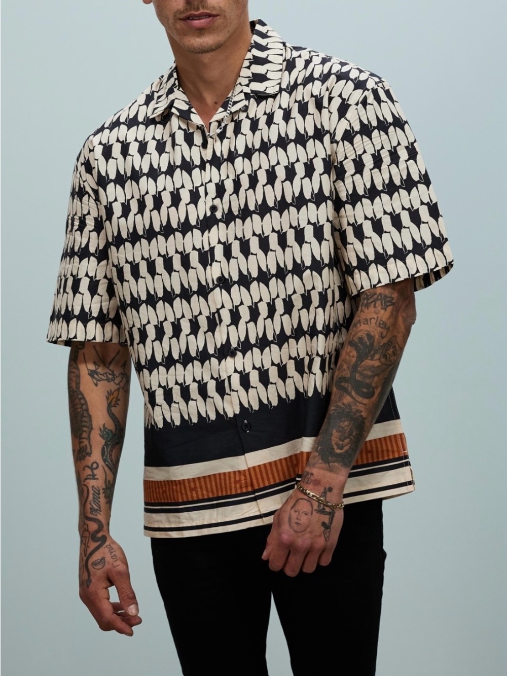 Topman Black and Cream Short-Sleeve Button Down Shirt with Striped Hem